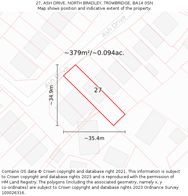 27, ASH DRIVE, NORTH BRADLEY, TROWBRIDGE, BA14 0SN: Plot and title map