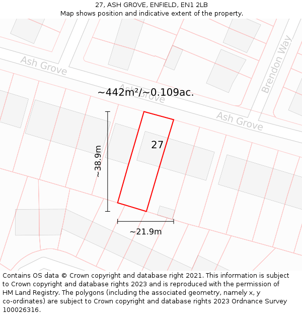 27, ASH GROVE, ENFIELD, EN1 2LB: Plot and title map