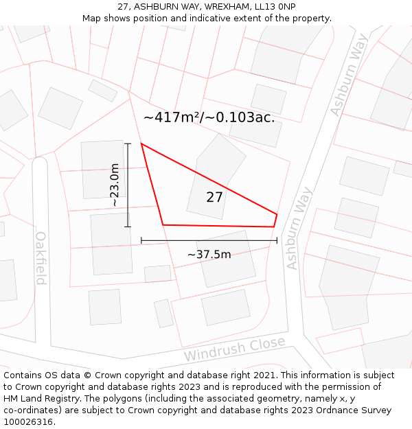 27, ASHBURN WAY, WREXHAM, LL13 0NP: Plot and title map