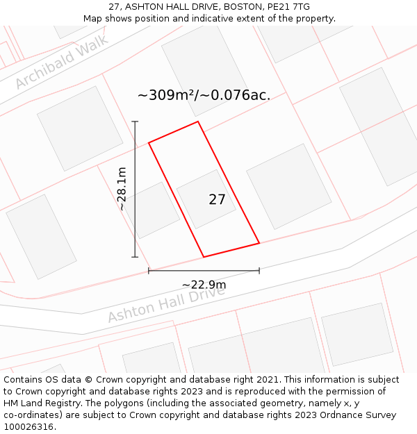 27, ASHTON HALL DRIVE, BOSTON, PE21 7TG: Plot and title map