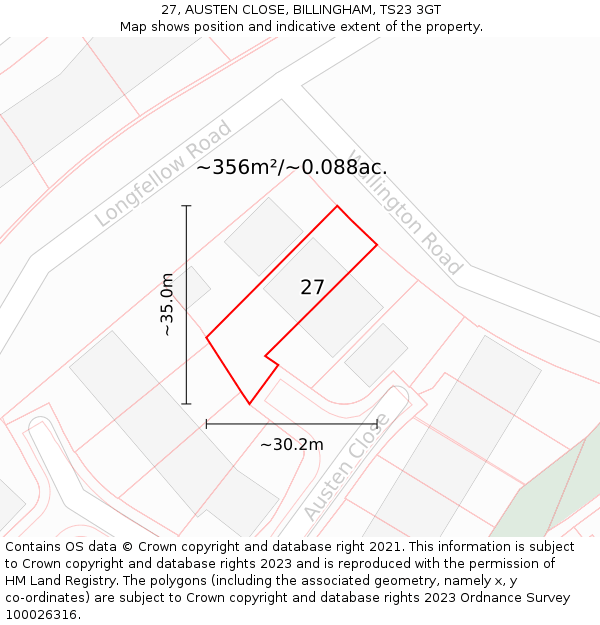 27, AUSTEN CLOSE, BILLINGHAM, TS23 3GT: Plot and title map