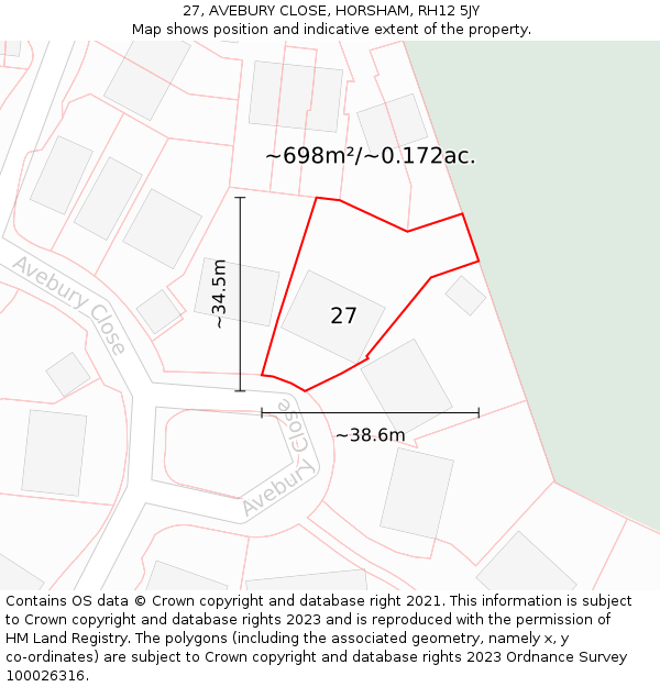 27, AVEBURY CLOSE, HORSHAM, RH12 5JY: Plot and title map