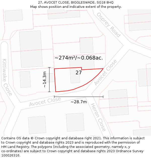 27, AVOCET CLOSE, BIGGLESWADE, SG18 8HQ: Plot and title map