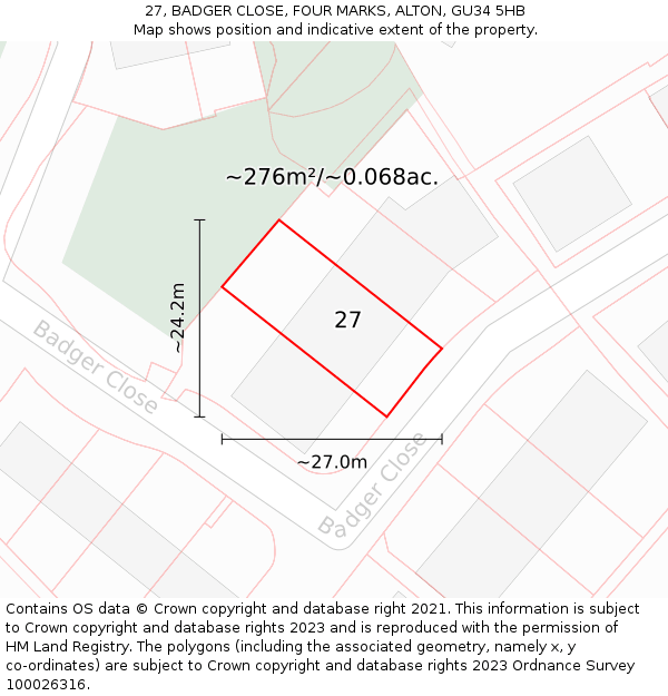 27, BADGER CLOSE, FOUR MARKS, ALTON, GU34 5HB: Plot and title map