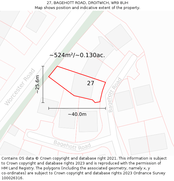 27, BAGEHOTT ROAD, DROITWICH, WR9 8UH: Plot and title map