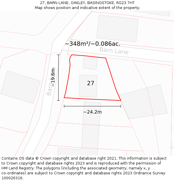 27, BARN LANE, OAKLEY, BASINGSTOKE, RG23 7HT: Plot and title map