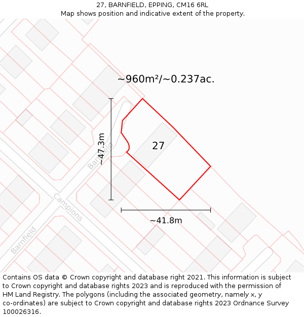 27, BARNFIELD, EPPING, CM16 6RL: Plot and title map