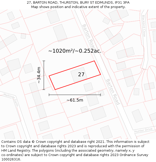 27, BARTON ROAD, THURSTON, BURY ST EDMUNDS, IP31 3PA: Plot and title map