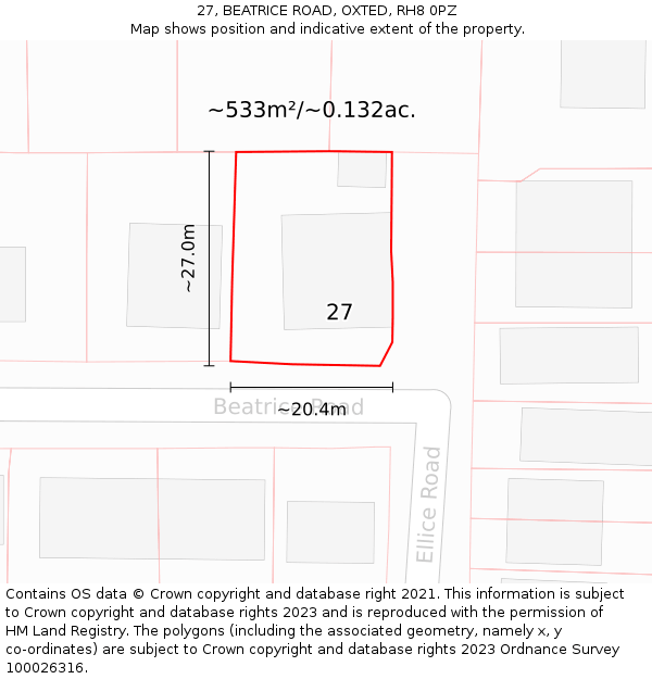 27, BEATRICE ROAD, OXTED, RH8 0PZ: Plot and title map