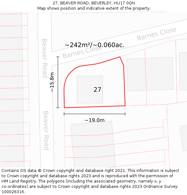 27, BEAVER ROAD, BEVERLEY, HU17 0QN: Plot and title map