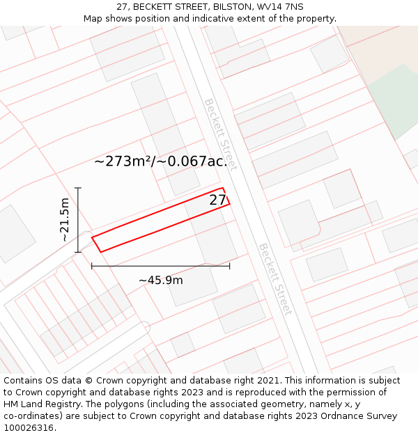 27, BECKETT STREET, BILSTON, WV14 7NS: Plot and title map