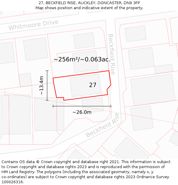 27, BECKFIELD RISE, AUCKLEY, DONCASTER, DN9 3FP: Plot and title map