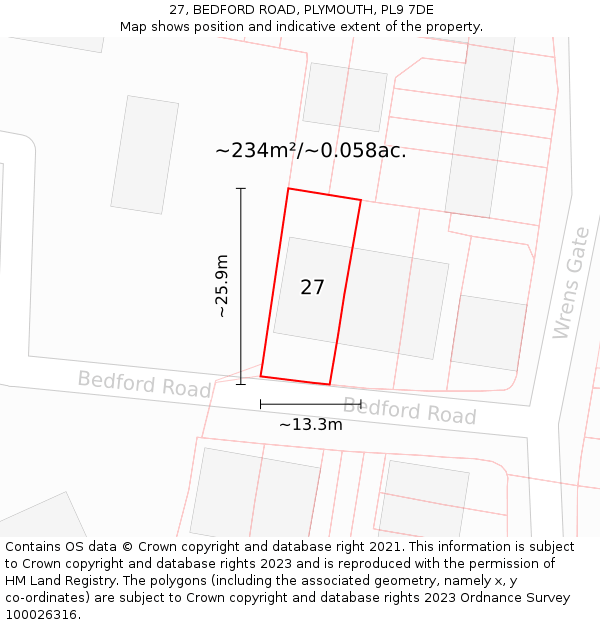 27, BEDFORD ROAD, PLYMOUTH, PL9 7DE: Plot and title map
