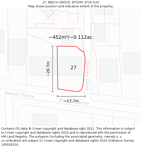 27, BEECH GROVE, EPSOM, KT18 5UG: Plot and title map