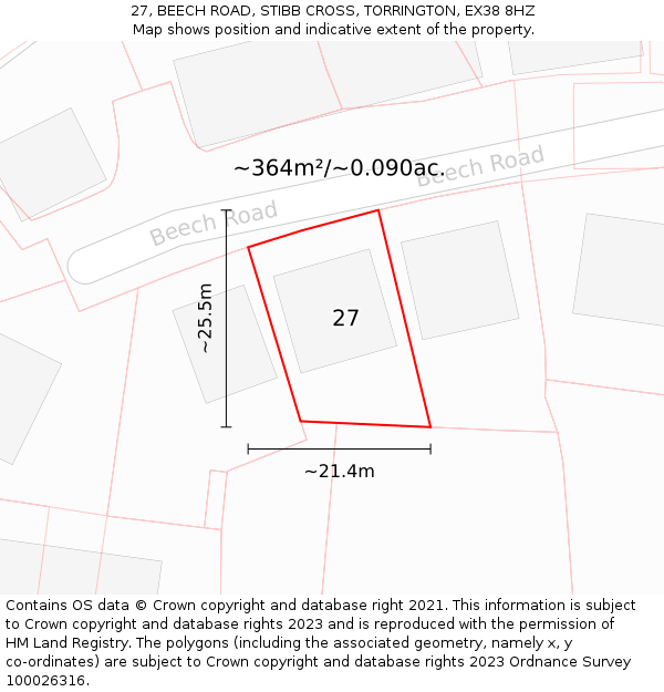 27, BEECH ROAD, STIBB CROSS, TORRINGTON, EX38 8HZ: Plot and title map