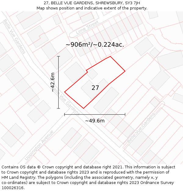 27, BELLE VUE GARDENS, SHREWSBURY, SY3 7JH: Plot and title map