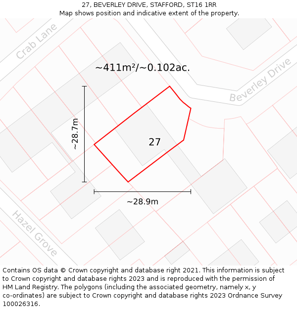 27, BEVERLEY DRIVE, STAFFORD, ST16 1RR: Plot and title map