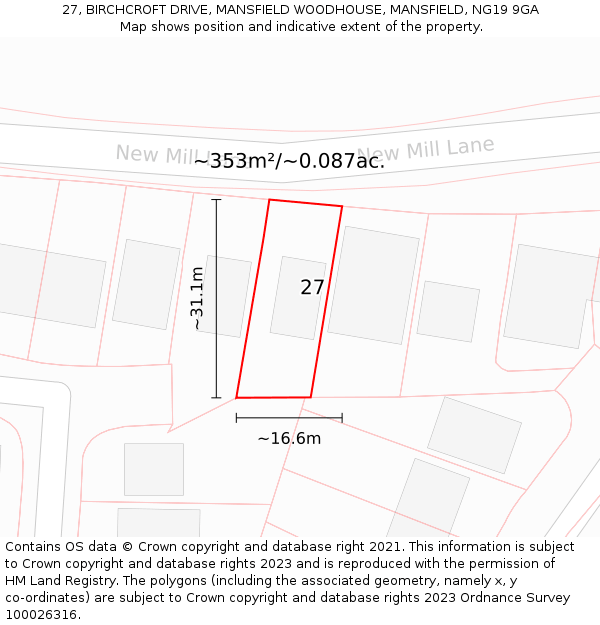 27, BIRCHCROFT DRIVE, MANSFIELD WOODHOUSE, MANSFIELD, NG19 9GA: Plot and title map