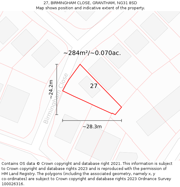 27, BIRMINGHAM CLOSE, GRANTHAM, NG31 8SD: Plot and title map