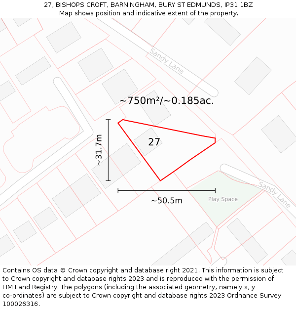 27, BISHOPS CROFT, BARNINGHAM, BURY ST EDMUNDS, IP31 1BZ: Plot and title map