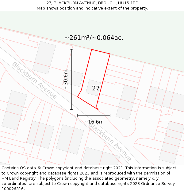 27, BLACKBURN AVENUE, BROUGH, HU15 1BD: Plot and title map