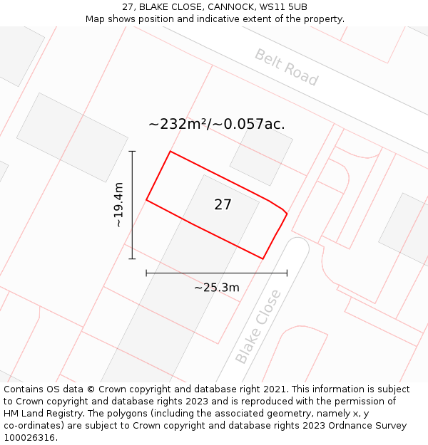 27, BLAKE CLOSE, CANNOCK, WS11 5UB: Plot and title map