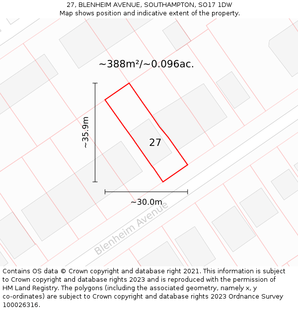 27, BLENHEIM AVENUE, SOUTHAMPTON, SO17 1DW: Plot and title map