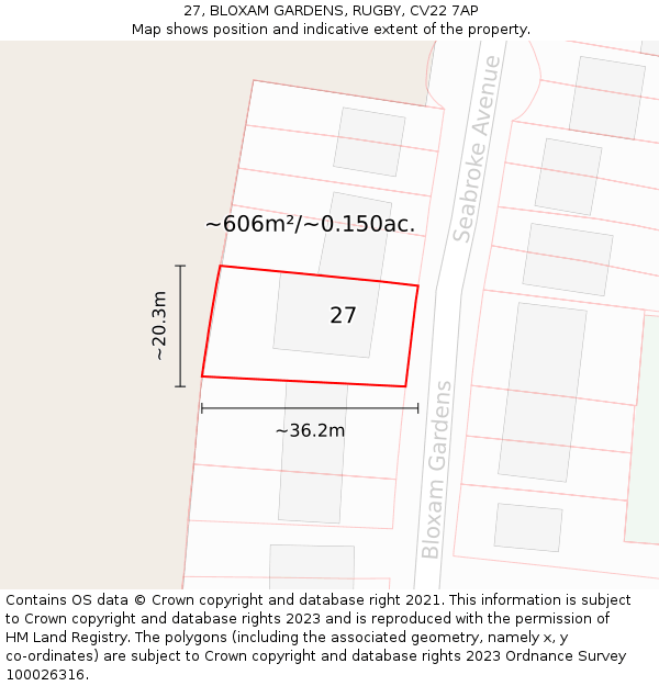 27, BLOXAM GARDENS, RUGBY, CV22 7AP: Plot and title map