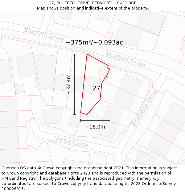 27, BLUEBELL DRIVE, BEDWORTH, CV12 0GE: Plot and title map