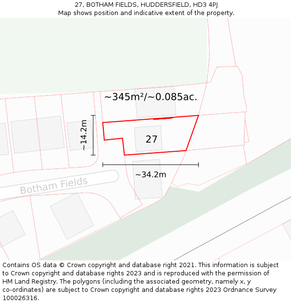 27, BOTHAM FIELDS, HUDDERSFIELD, HD3 4PJ: Plot and title map