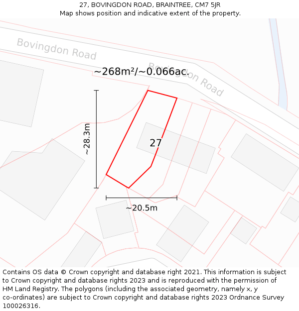 27, BOVINGDON ROAD, BRAINTREE, CM7 5JR: Plot and title map