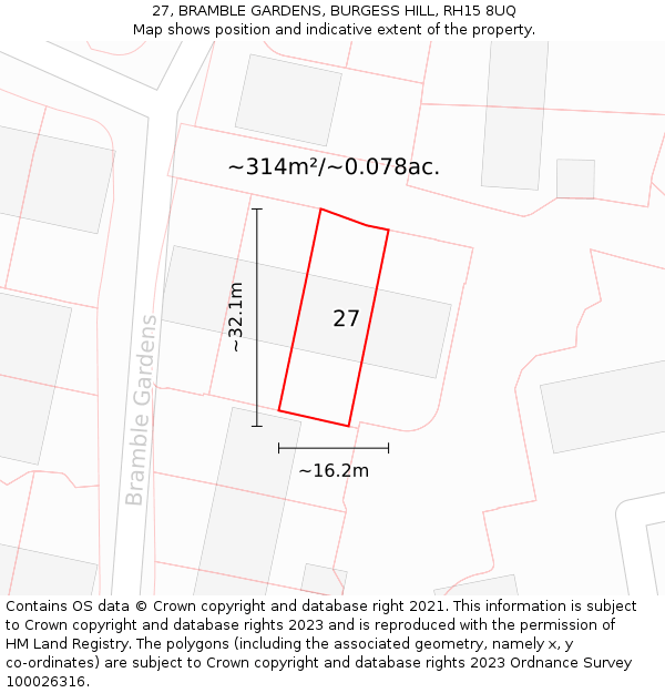 27, BRAMBLE GARDENS, BURGESS HILL, RH15 8UQ: Plot and title map