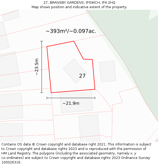 27, BRANSBY GARDENS, IPSWICH, IP4 2HQ: Plot and title map