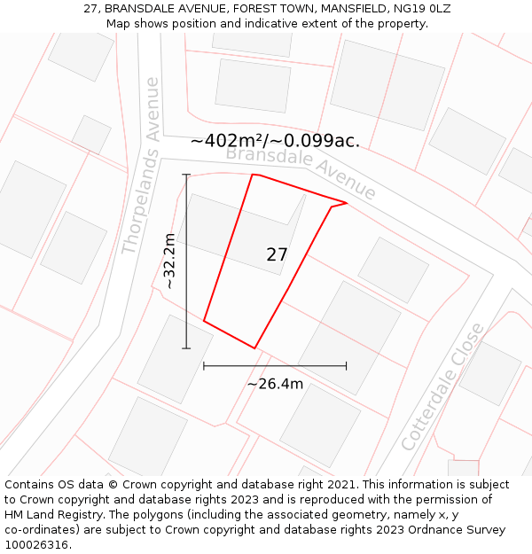 27, BRANSDALE AVENUE, FOREST TOWN, MANSFIELD, NG19 0LZ: Plot and title map