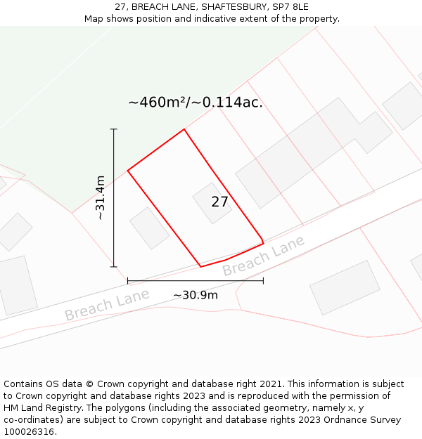 27, BREACH LANE, SHAFTESBURY, SP7 8LE: Plot and title map