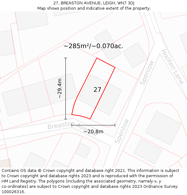 27, BREASTON AVENUE, LEIGH, WN7 3DJ: Plot and title map