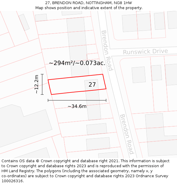 27, BRENDON ROAD, NOTTINGHAM, NG8 1HW: Plot and title map