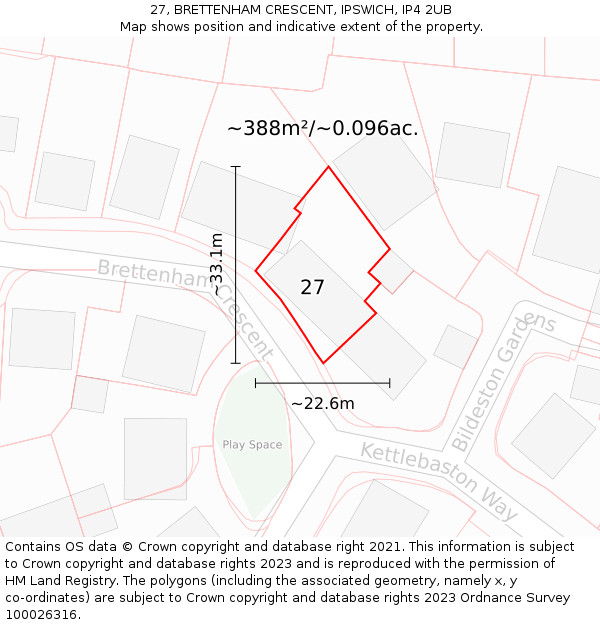 27, BRETTENHAM CRESCENT, IPSWICH, IP4 2UB: Plot and title map