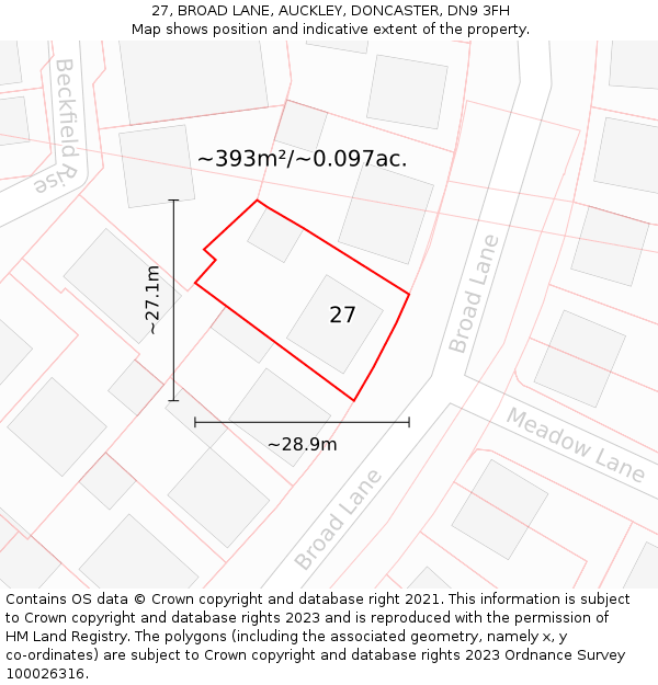 27, BROAD LANE, AUCKLEY, DONCASTER, DN9 3FH: Plot and title map