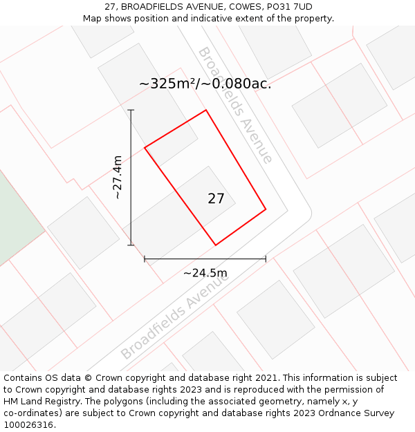 27, BROADFIELDS AVENUE, COWES, PO31 7UD: Plot and title map