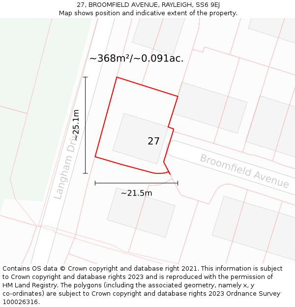 27, BROOMFIELD AVENUE, RAYLEIGH, SS6 9EJ: Plot and title map