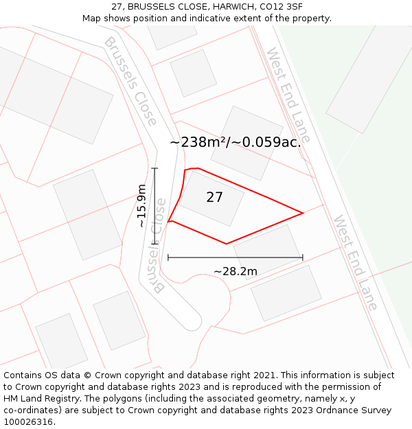 27, BRUSSELS CLOSE, HARWICH, CO12 3SF: Plot and title map