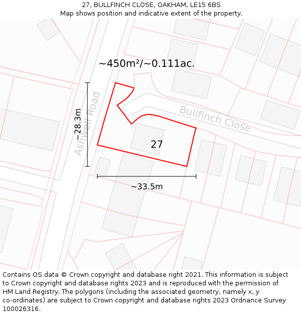 27, BULLFINCH CLOSE, OAKHAM, LE15 6BS: Plot and title map