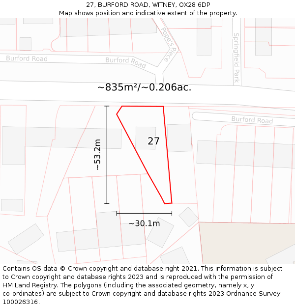 27, BURFORD ROAD, WITNEY, OX28 6DP: Plot and title map