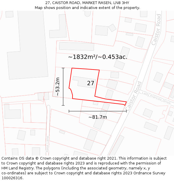 27, CAISTOR ROAD, MARKET RASEN, LN8 3HY: Plot and title map