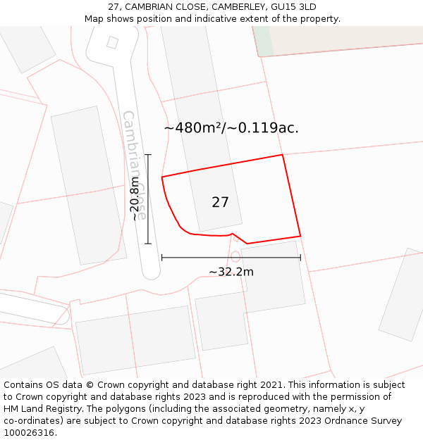 27, CAMBRIAN CLOSE, CAMBERLEY, GU15 3LD: Plot and title map