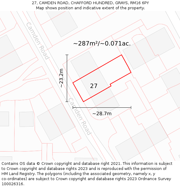 27, CAMDEN ROAD, CHAFFORD HUNDRED, GRAYS, RM16 6PY: Plot and title map