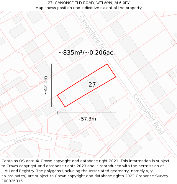 27, CANONSFIELD ROAD, WELWYN, AL6 0PY: Plot and title map