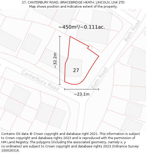 27, CANTERBURY ROAD, BRACEBRIDGE HEATH, LINCOLN, LN4 2TD: Plot and title map