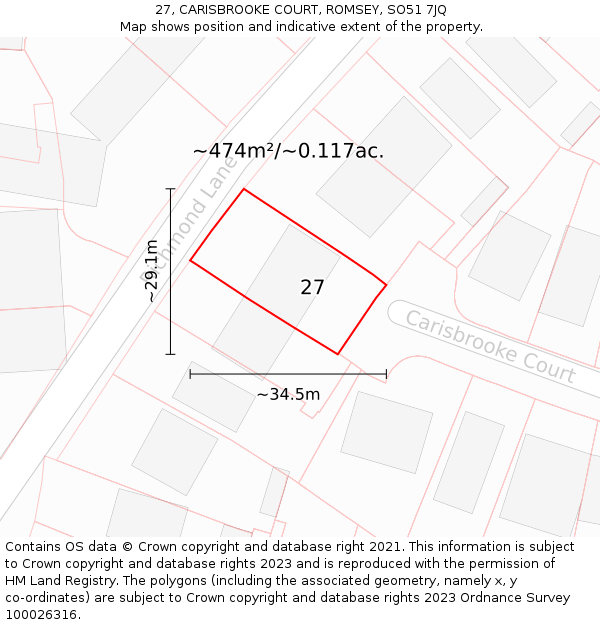 27, CARISBROOKE COURT, ROMSEY, SO51 7JQ: Plot and title map